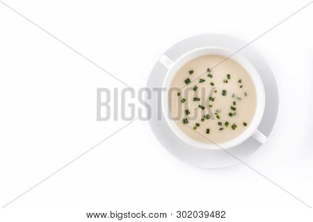 French Vichyssoise Soup In Bowl Isolated On White Background. Top View. Copyspace