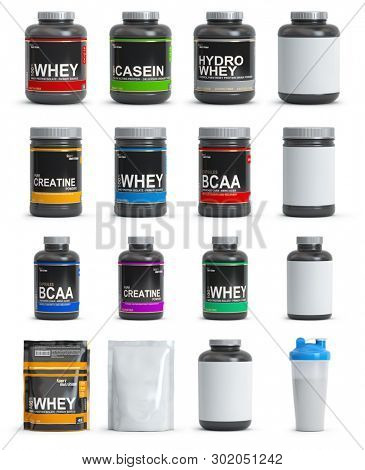 Sport nutrition containers. Set of templates of jars and packs of differnt types. Whey, bcaa and creatine. 3d illustration