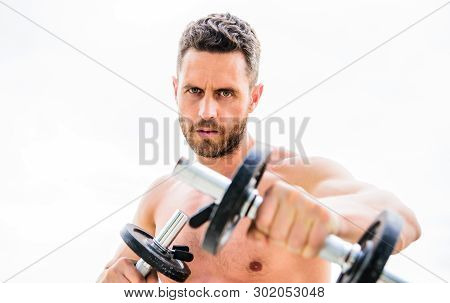 Man Sportsman Weightlifting. Steroids. Success. Perfect Biceps. Fitness And Sport Equipment. Athleti