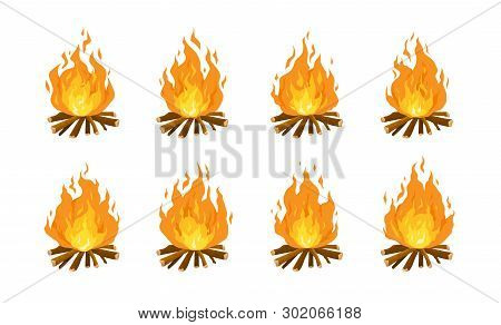 Collection Of Burning Bonfires Or Campfires Isolated On White Background. Animation Set Of Flame On 