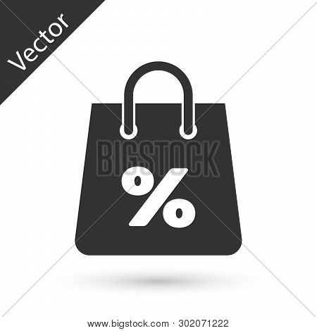 Grey Shoping Bag With An Inscription Percent Discount Icon Isolated On White Background. Handbag Sig