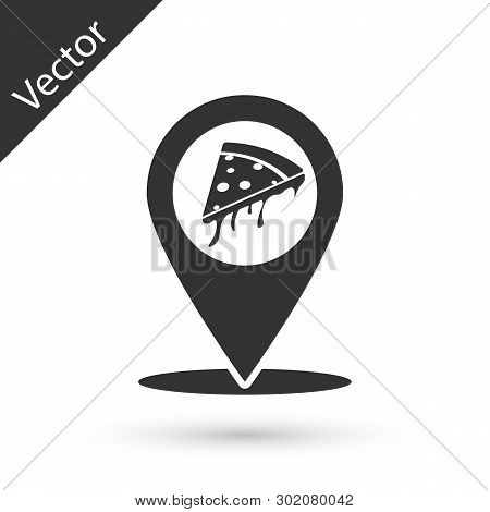 Grey Map Pointer With Fast Food Slice Pizza Icon Isolated On White Background. Pizzeria Location Ico