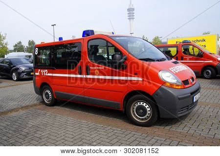 Lelystad, The Netherlands - May 19, 2019: Red German Renault Trafic Firefighters Van Parked On A Pub