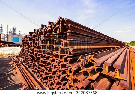 Metal Frame H Beam Or Beam In Red Orange Color At Construction Site.