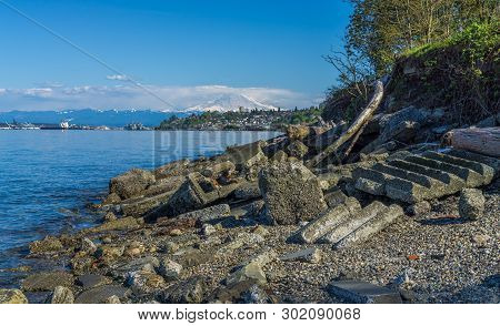 A View Of Mount Rainier And The Ruston Shoreline.