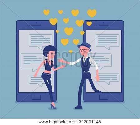 Dating From Mobile Application, Pair Match On Smartphone Screen With Chat. Man, Woman Together, Meet