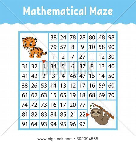 Mathematical Maze. Game For Kids. Funny Labyrinth. Education Developing Worksheet. Activity Page. Pu
