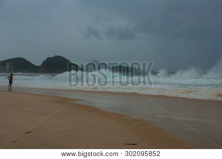 Rio De Janeiro: The Most Famous Beach, Copacabana Beach In Cloudy Weather. Brazil