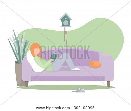 Young Girl Lying On The Sofa At Home And Reading A Book. Flat Vector Illustration.