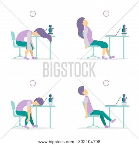 Professional Burnout. Young Exhausted Woman And Man Sitting At The Office Desk. Long Working Day. Fl