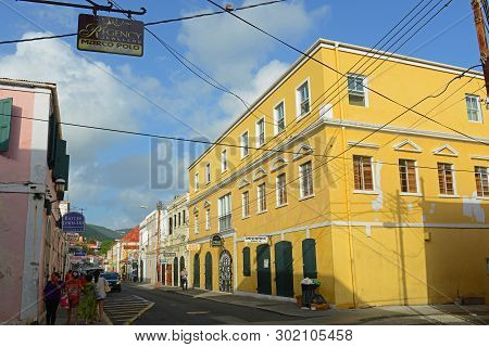 Virgin Islands, Usa - Jun 2, 2014: Historic Building On Dronningens Gade At Palm Pasg In Downtown Ch