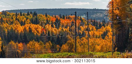 The Power Line Going Through The Autumn Wood, Mari El, Russia
