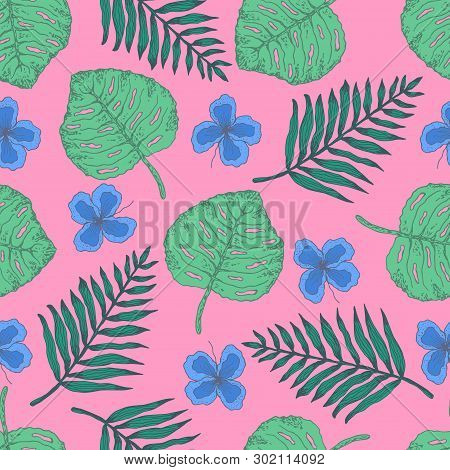Cute Pink Summer Seamless Pattern With Colorful Green Tropical Leaves And Blue Flowers. Trendy Contr