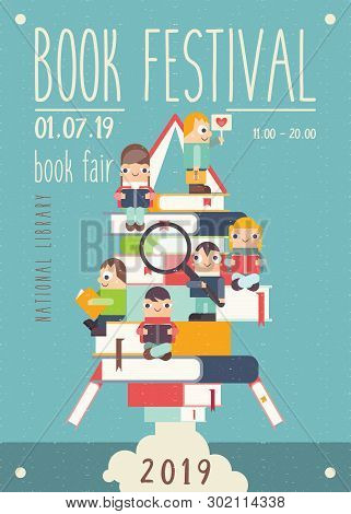 Funny Cartoon People Reading On Books Stacked In Rocket Silhouette. Concept - Knowledge, Space, Wisd