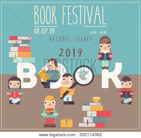Poster For Bookstore And Book Festival Advertising. Small Funny Characters Cartoon Men And Girls Rea