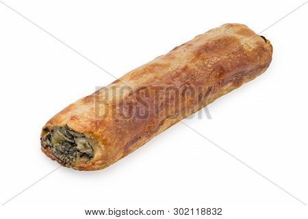 Baking Puff Pastry With Spinach And Greens. Isolated On White Background
