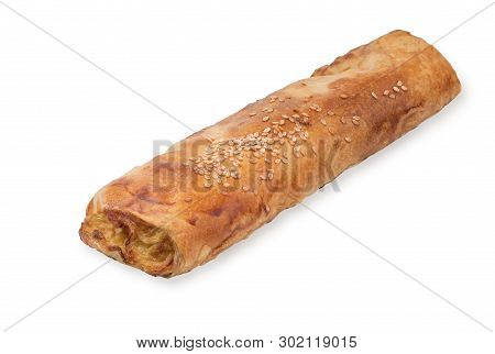 Baking Puff Pastry With Potatoes And Mushrooms. Isolated On White Background