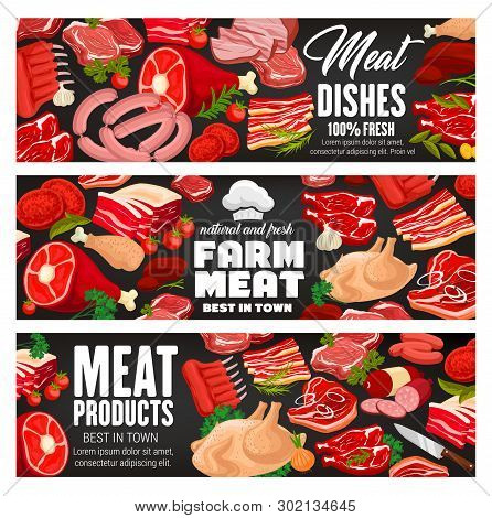 Butcher Shop Meat And Sausages Gourmet Delicatessen. Vector Gastronomy Meat Food Products, Turkey Or