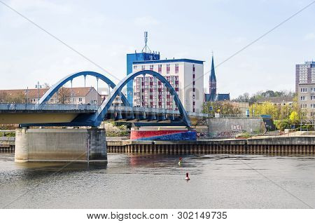 Frankfurt (oder), Germany - April 9, 2019: The Tied Arch Oder Bridge Over The Germany Poland Border 