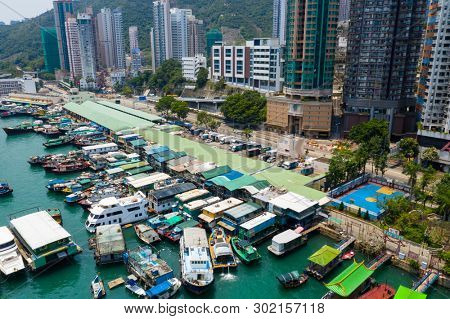 Aberdeen, Hong Kong 12 May 2019: Aerial view of Hong Kong typhoon shelter in aberdeen