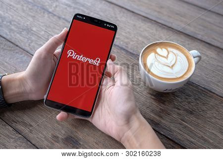 Chiangmai, Thailand - May 11, 2019 : Oneplus 6 Showing Pinterest Application On Mobile. It Was Held 