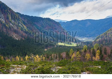 View Of Valley Zgornje Jezersko In Autumn. Northern Slovenia