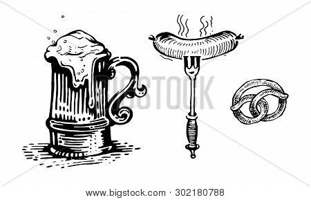 Beer, Beer Mug, Sausage, Fork, Bagel, Vector Objects For Printing, Labels And Packaging. Made By Han