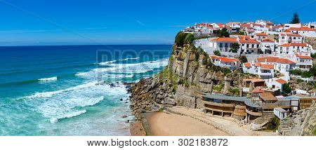 Panoramic View Of Beautiful Coastal View Of  Praia Azenhas Do Mar Near Sintra, Lisbon. Praia  Azenha