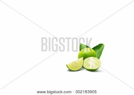 Lime With Leaves Isolated On White Background.