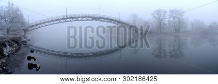 Panorama Of A Small Bridge Over The River With Fog In Novomoskovsk Ukraine