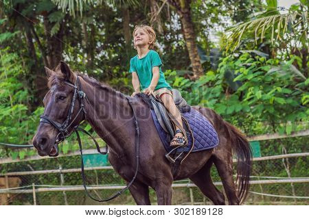 Boy Horseback Riding, Performing Exercises On Horseback
