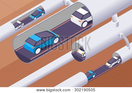 3d Isometric Modern Underground Tunnels With Autonomous Cars. Concept Future Urban Vehicle Traffic, 