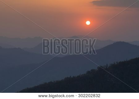 Beautiful Sunset And Blue Layer Hills View From Fmous View Point Bandipur Nepal