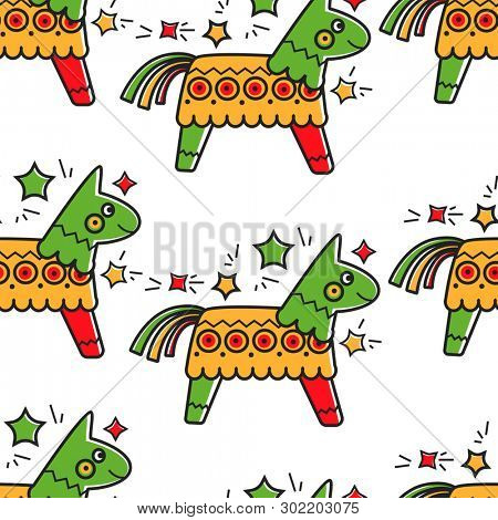 Mexican culture Mexican horse toy with candies pinata seamless pattern  paper container with sweets and treats traveling traditional holiday element celebration ceremony endless texture