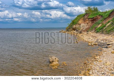 Spring Landscape With Wild Beach On A Hilly Kakhovka Reservoir Located On The Dnipro River Near Skel