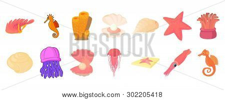 Sea Creature Icon Set. Cartoon Set Of Sea Creature Icons For Web Design Isolated On White Background