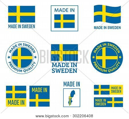 Made In Sweden Labels Set, Made In Kingdom Of Sweden Product Emblem