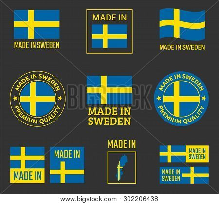 Made In Sweden Icon Set, Made In Kingdom Of Sweden Product Labels