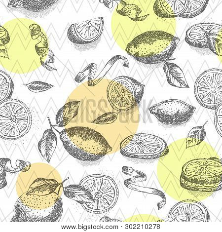 Seamless Pattern Hand Drawn Of Half, Quarter, Slices And Zest Lemon Fruit In Black Color On Geometri