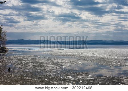 Beautiful Mountain Lake, Blue Sky With Clouds.