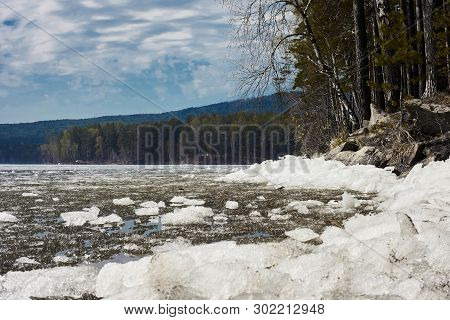 Beautiful Mountain Lake, Blue Sky With Clouds.