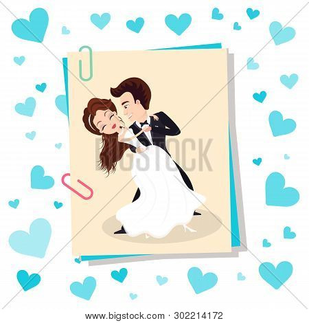 Dancing Bride And Groom, Wedding Holiday Card With Hearts, Photo From Memory Event, Wife In White Dr