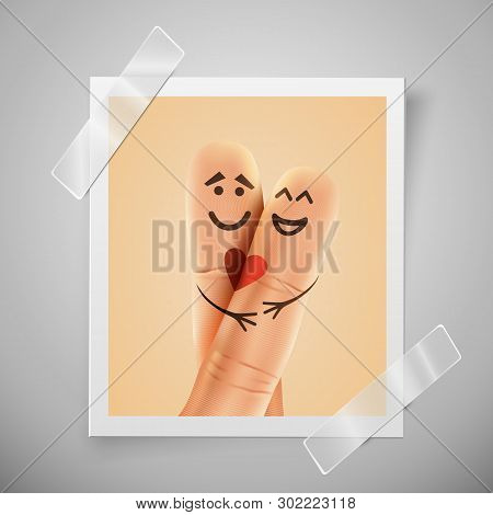 Modern Colorful Vertical Love Motive Photo Frame. Pair Of Happy Fingers Smiley In Love. Photo Sessio