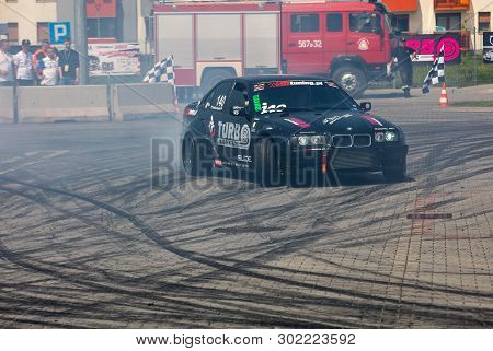 Cracow, Poland - May 18, 2019: Drift Car In Action  At 5th Edition Of Moto Show In Cracow. Poland.