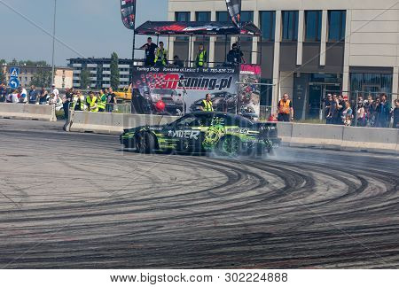 Cracow, Poland - May 18, 2019: Drift Car In Action  At 5th Edition Of Moto Show In Cracow. Poland.