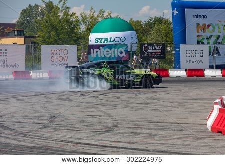 Cracow, Poland - May 18, 2019: Drift Car In Action  At 5th Edition Of Moto Show In Cracow. Poland.
