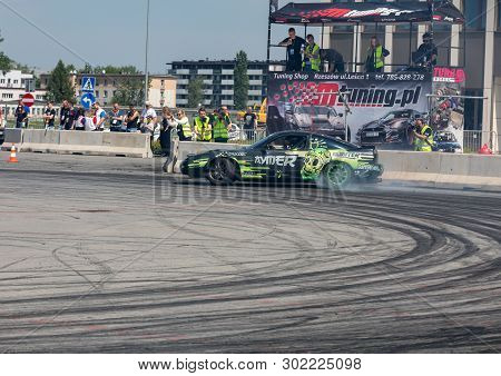 Cracow, Poland - May 18, 2019: Drift Car In Action  At 5th Edition Of Moto Show In Cracow. Poland.