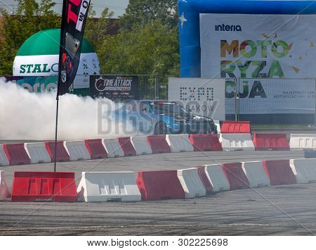 Cracow, Poland - May 18, 2019: Drift Car In Action  At 5th Edition Of Moto Show In Cracow. Poland.