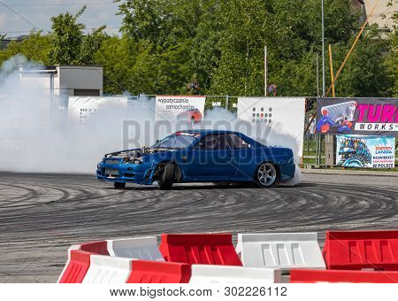 Cracow, Poland - May 18, 2019: Drift Car In Action  At 5th Edition Of Moto Show In Cracow. Poland.