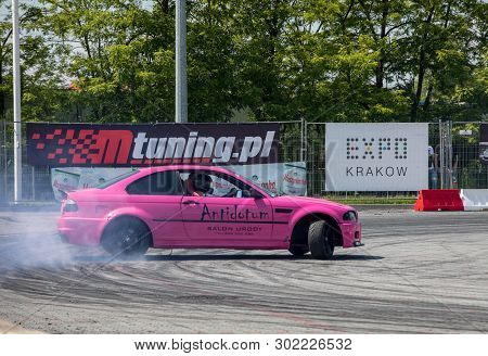 Cracow, Poland - May 18, 2019: Drift Car In Action  At 5th Edition Of Moto Show In Cracow. Poland.